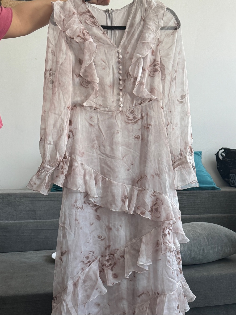 Romantic Floral Ruffle Maxi Dress in Light Beige - Picture 5 of 8